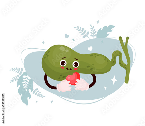 Cute cartoon gallbladder character. Happy human organ with heart in hands. Vector illustration. Funny organ of gastrointestinal tract romantic mascot.