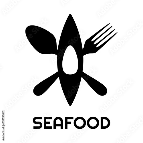 Logo restaurante con texto Seafood en silueta de kayak o canoa sobre cubiertos cruzados