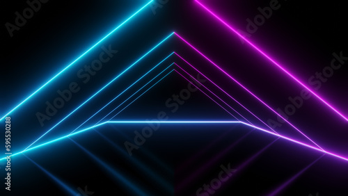 Abstract triangle neon light background. technology glowing stage, podium. 3D illustration.