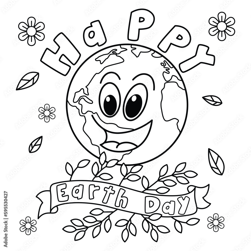 Funny happy earth day cartoon characters vector illustration. For kids coloring book.