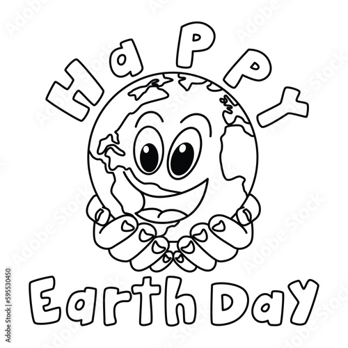 Funny happy earth day cartoon characters vector illustration. For kids coloring book.