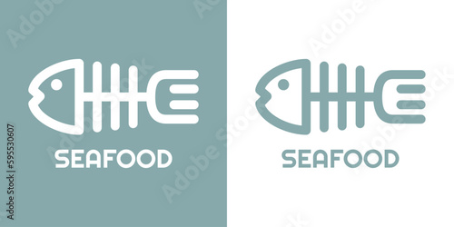 Logo restaurante con texto Seafood con cabeza y espina de pescado lineal con tenedor como cola