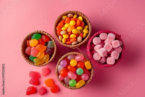 A top view different candies colorful inside little baskets on pink, sweet sugar color confiture. Generative ai