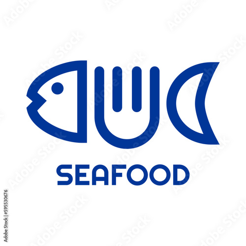 Logo restaurante con texto Seafood con cabeza y tenedor como espina de pescado lineal