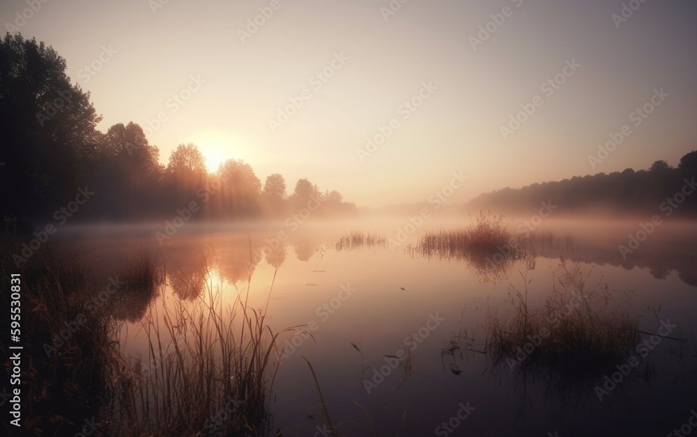 Sunrise over a misty lake, created with generative AI technology
