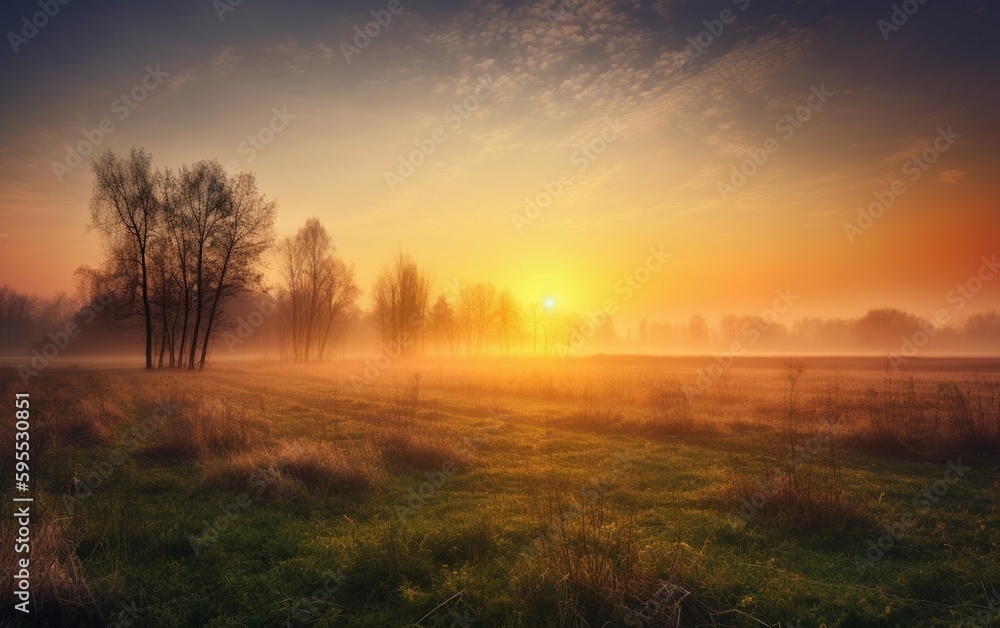 Sunrise over a field in the countryside, created with generative AI technology