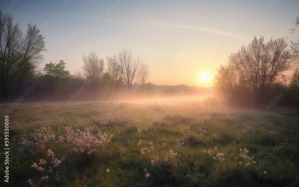 Sunrise over a spring meadow in the countryside, created with generative AI technology