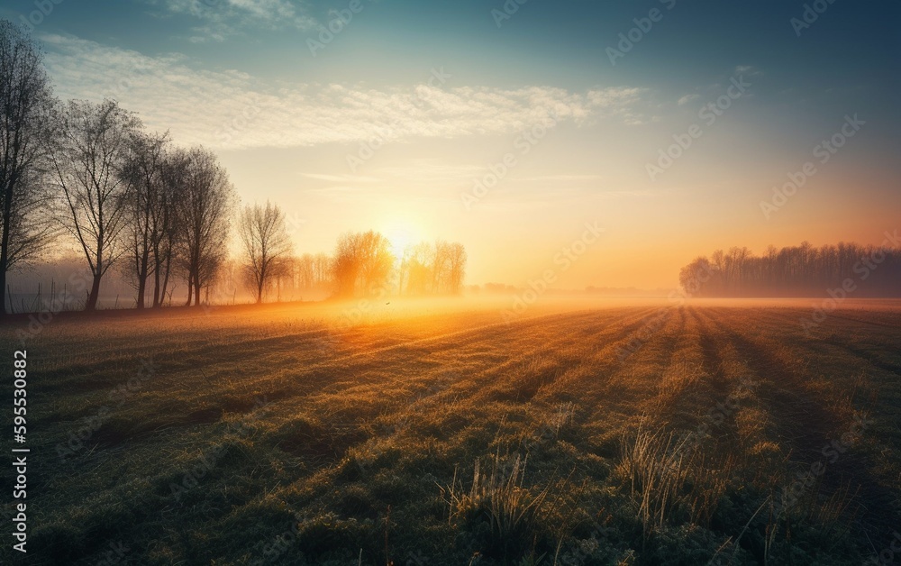 Sunrise over a field in the countryside, created with generative AI technology Sunrise over a field in the countryside, created with generative AI technology