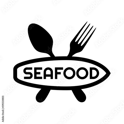 Logo restaurante con texto Seafood en silueta de tabla de surf sobre cubiertos cruzados