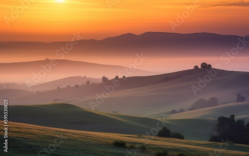 Sunrise over a hilly landscape, created with generative AI technology