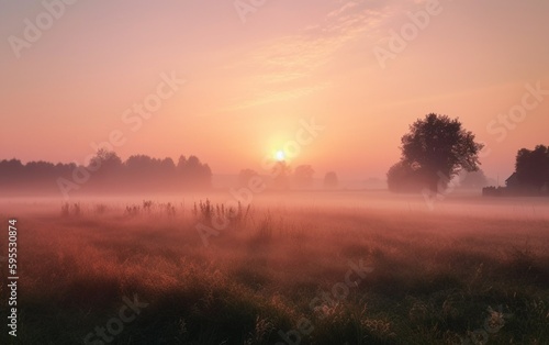 Sunrise over a spring meadow in the countryside, created with generative AI technology © Philipp