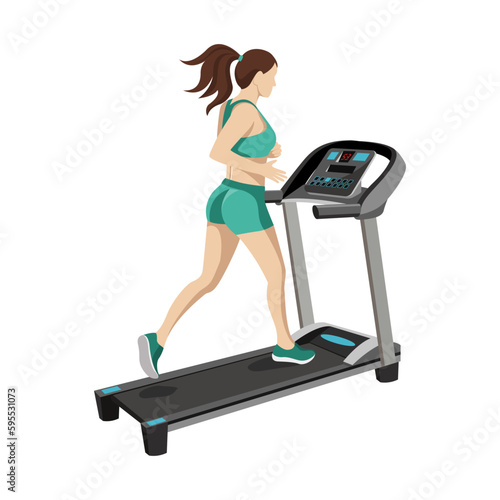 Vector illustration of a girl running on a treadmill on a white background. The concept of a healthy lifestyle, sports. Image for sports design, stickers, web design elements, banners.
