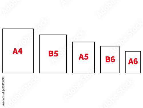 用紙のサイズ。A4、B5、A5、B6、A6。用紙の大きさ。ベクターイラスト
