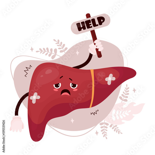 Unhappy sad cartoon liver. Cute character human organ is sick, suffering and asking for help. Vector illustration in flat cartoon style for design and decoration medical themes.