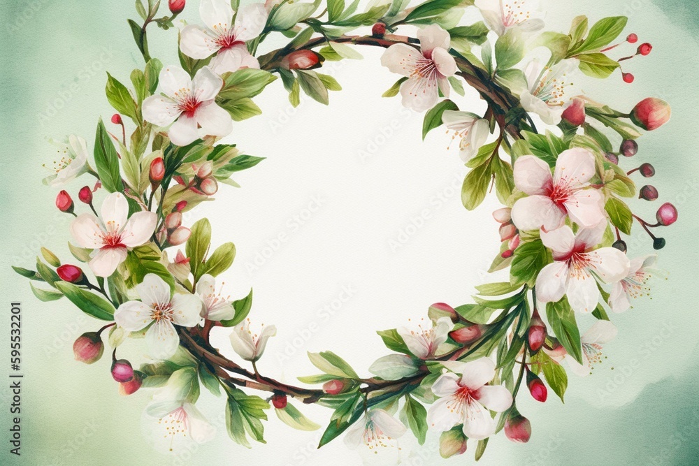 Watercolor hand-drawn wreath of cherry flowers and leaves. Seamless botanical pattern. Generative AI