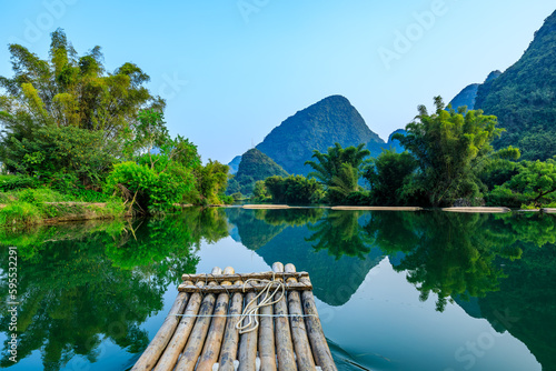 Landscape of Guilin, Li River and Karst mountains. Located near Yangshuo, Guilin, Guangxi, China. Take a bamboo raft tour Guilin landscape.