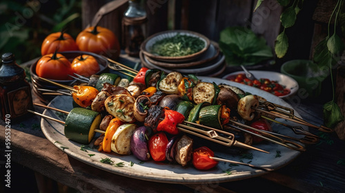 A grilled vegetable kebab platter, featuring colorful skewers of peppers, zucchini, and mushrooms, arranged on a plate