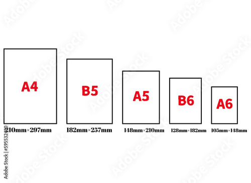  用紙のサイズ。A4、B5、A5、B6、A6。用紙の大きさ。ベクターイラスト
