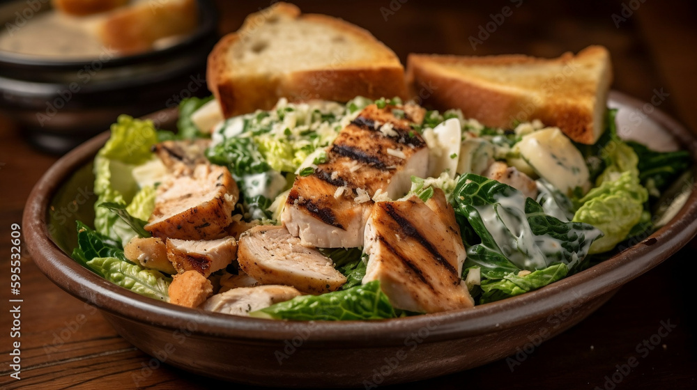 A grilled chicken Caesar salad, featuring grilled chicken, romaine lettuce, and croutons, tossed with a creamy Caesar dressing A grilled chicken Caesar salad, featuring grilled chicken, romaine lettuce, and croutons, tossed with a creamy Caesar dressing