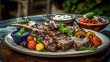 A grilled lamb chops platter, featuring tender and juicy chops served with a side of mint yogurt sauce and grilled vegetables