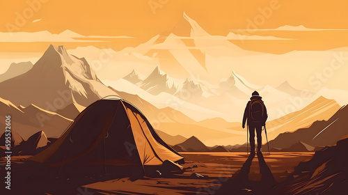 traveler looks at the mountains at sunset next to the tent  vector illustration. Generative AI.