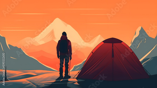 traveler looks at the mountains at sunset next to the tent, vector illustration. Generative AI.
