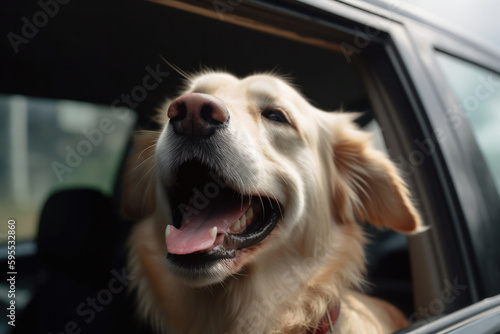 Dog travels in style, feeling the wind in its fur as it takes a joyride in the car, enjoying the freedom of the open road. AI Generative.