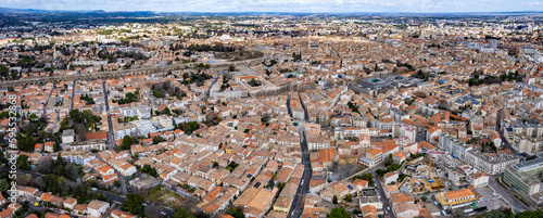 Aerial around the city Montpellier on a sunny day on a morning in early spring. 