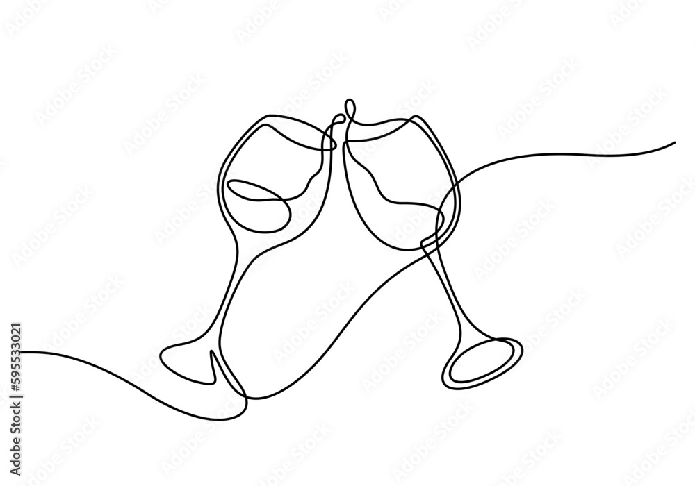 wine glasses cheers in one line drawing vector illustration