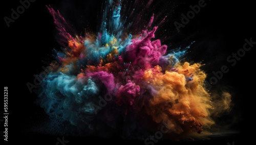 Explosion of colorful powder on black background. Colored dust as a festive background. Abstract colorful explosion. Generative AI