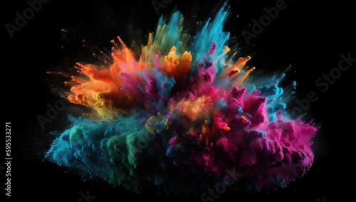 Explosion of colorful powder on black background. Colored dust as a festive background. Abstract colorful explosion.