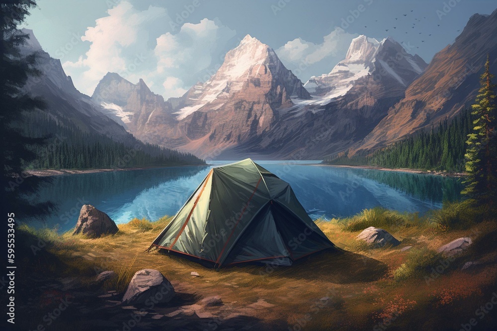 Illustration of tent with view of natural mountain and lake scenery. Generative AI
