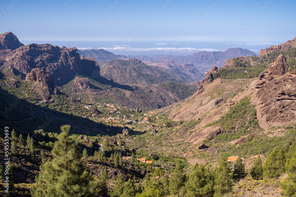View from Roque Nublo over small village in a valley of Gran Canaria