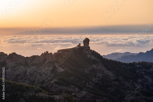 view from pico de las nieves to roque nublo on gran canaria at sunset time