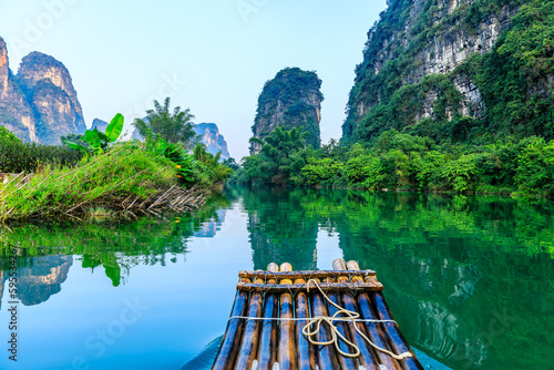 Landscape of Guilin, Li River and Karst mountains, Guilin, Guangxi, China. Take a bamboo raft tour Guilin landscape.