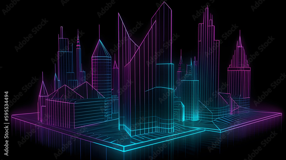 Naklejka premium illustration of a hologram skyscraper view ,generative ai