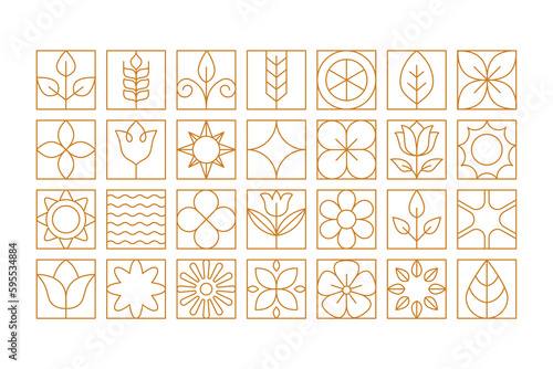 Vector simple linear illustrations and icons, geometric food pattern and banner, flowers and plants simple shapes, eco and bio agriculture concepts