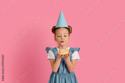 Photography Cute Little Girl Wearing Party Hat Blowing Candle On Birthday Cake