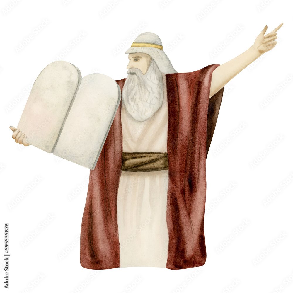 Watercolor Moses with Ten Commandments stone tablets illustration