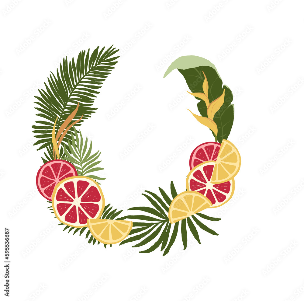 Tropical floral and fruit wreath frame clipart. Wedding flower wreath