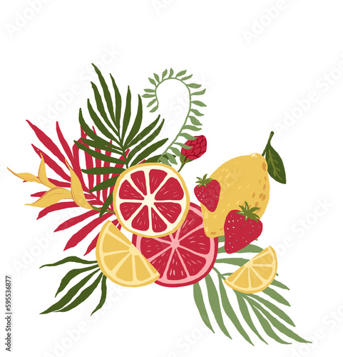 Tropical flower and fruit bouquet clipart. Wedding flower wreath illustration png file, jungle green leaves and flowers drawing. Design for birthday invitation, wedding and greeting cards