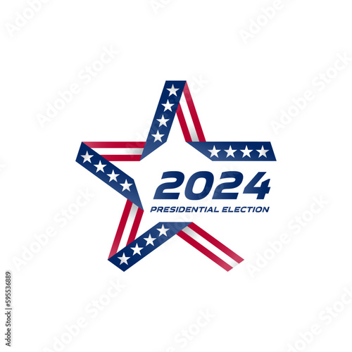 Election voting poster. Start of Political election campaign. Stylized star with american flag colors and symbols. Presidential election 2024 in USA.