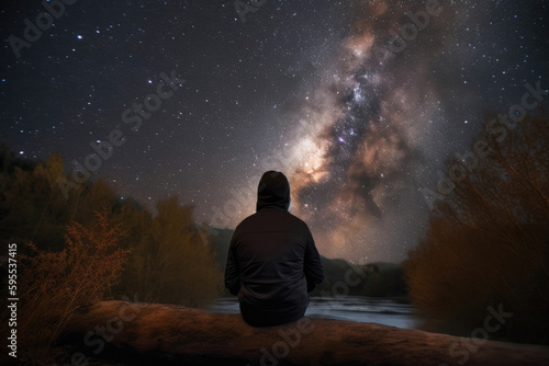 A person staring at the night sky. Generative AI