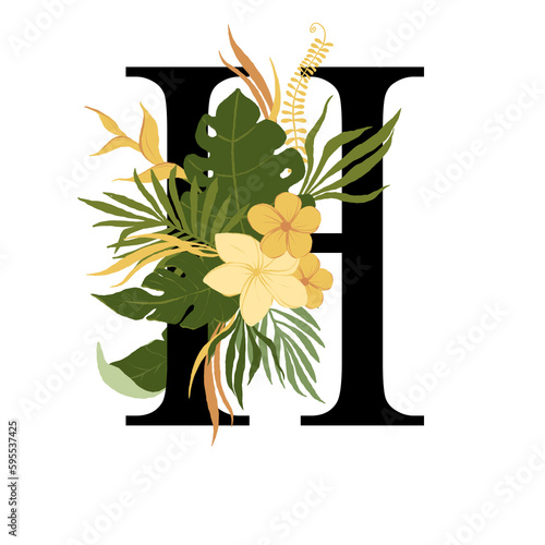 Tropical floral letter H with bouquet png clipart. Wedding flower monograme png file, jungle green leaves and flowers drawing for wedding and greeting cards, logotype
