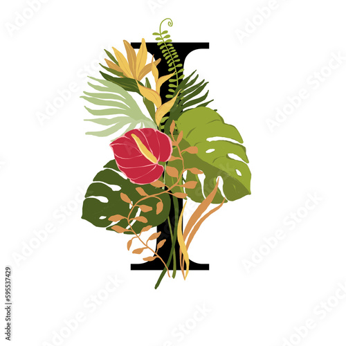 Tropical floral letter I with bouquet png clipart. Wedding flower monograme png file, jungle green leaves and flowers drawing for wedding and greeting cards, logotype
