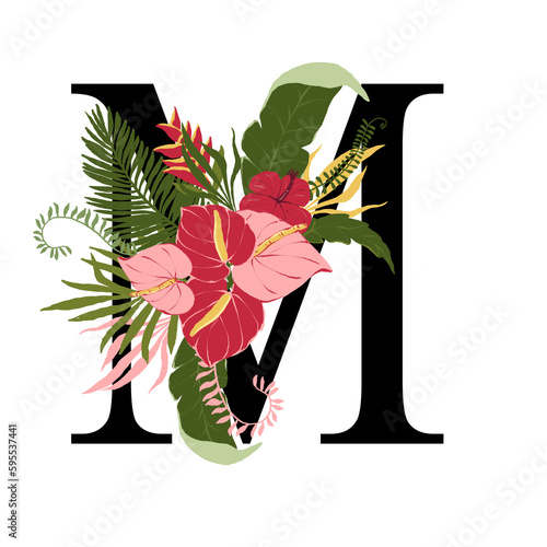 Tropical floral M letter with bouquet png clipart. Wedding flower M monograme png file, jungle green leaves and flowers drawing for wedding and greeting cards, logotype
