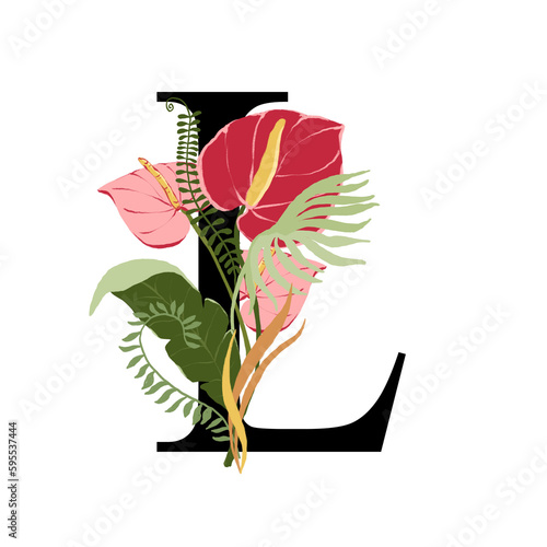 Tropical floral letter L with bouquet png clipart. Wedding flower monograme png file, jungle green leaves and flowers drawing for wedding and greeting cards, logotype
