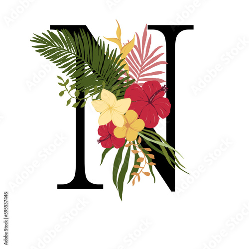 Tropical floral letter N with bouquet png clipart. Wedding flower monograme png file, jungle green leaves and flowers drawing for wedding and greeting cards, logotype
