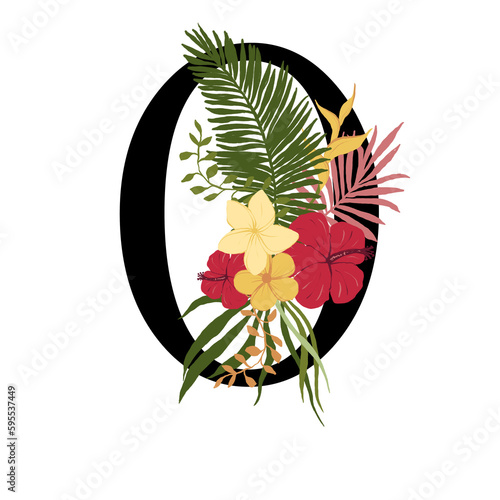 Tropical floral letter O with bouquet png clipart. Wedding flower monograme png file, jungle green leaves and flowers drawing for wedding and greeting cards, logotype
