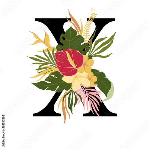 Tropical floral letter X with bouquet png clipart. Wedding flower monograme png file, jungle green leaves and flowers drawing for wedding and greeting cards, logotype
